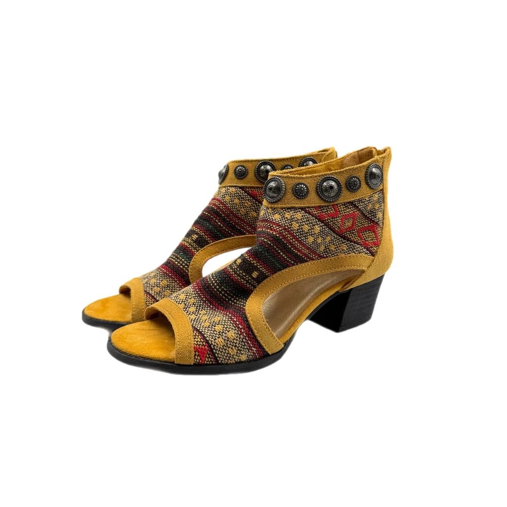 Very Volatile Jalissa Concho Suede Mustard Black Embellished Peep Toe Booties